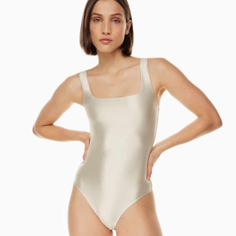Aritzia Satin Square-Neck Bodysuit in Champagne